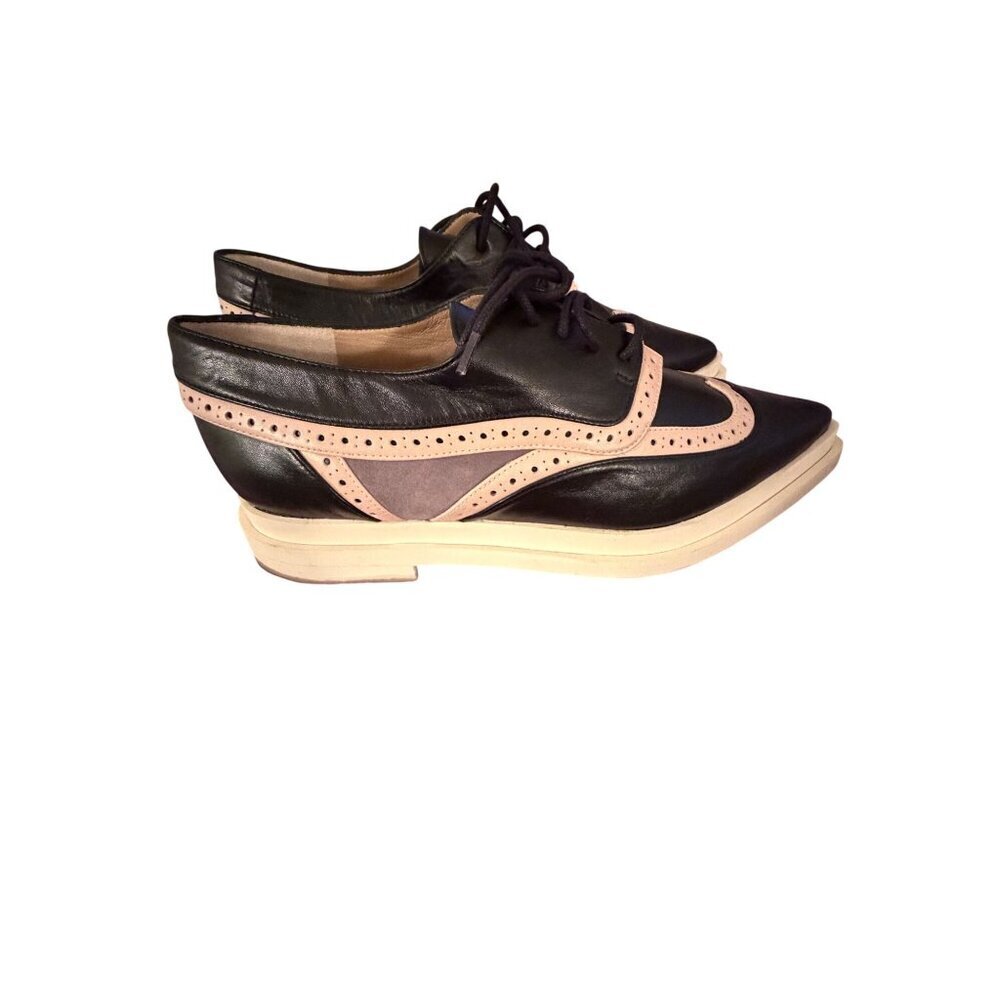Annaisha Womens Lace-up Shoes Derby Size 38 Black Leather Pointed Toe Spain New - Picture 2 of 13